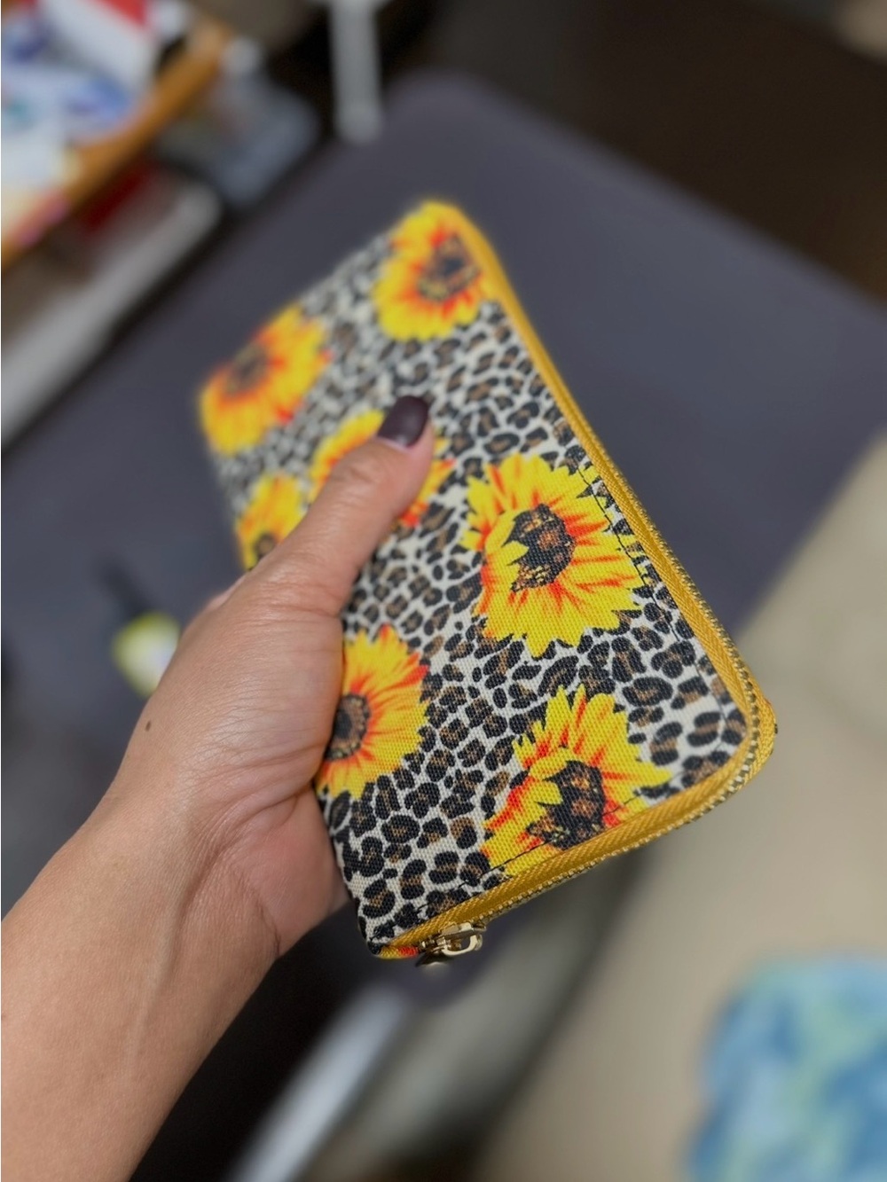 Sunflower Leopard Zip-Around Card Holder Wallet in Yellow